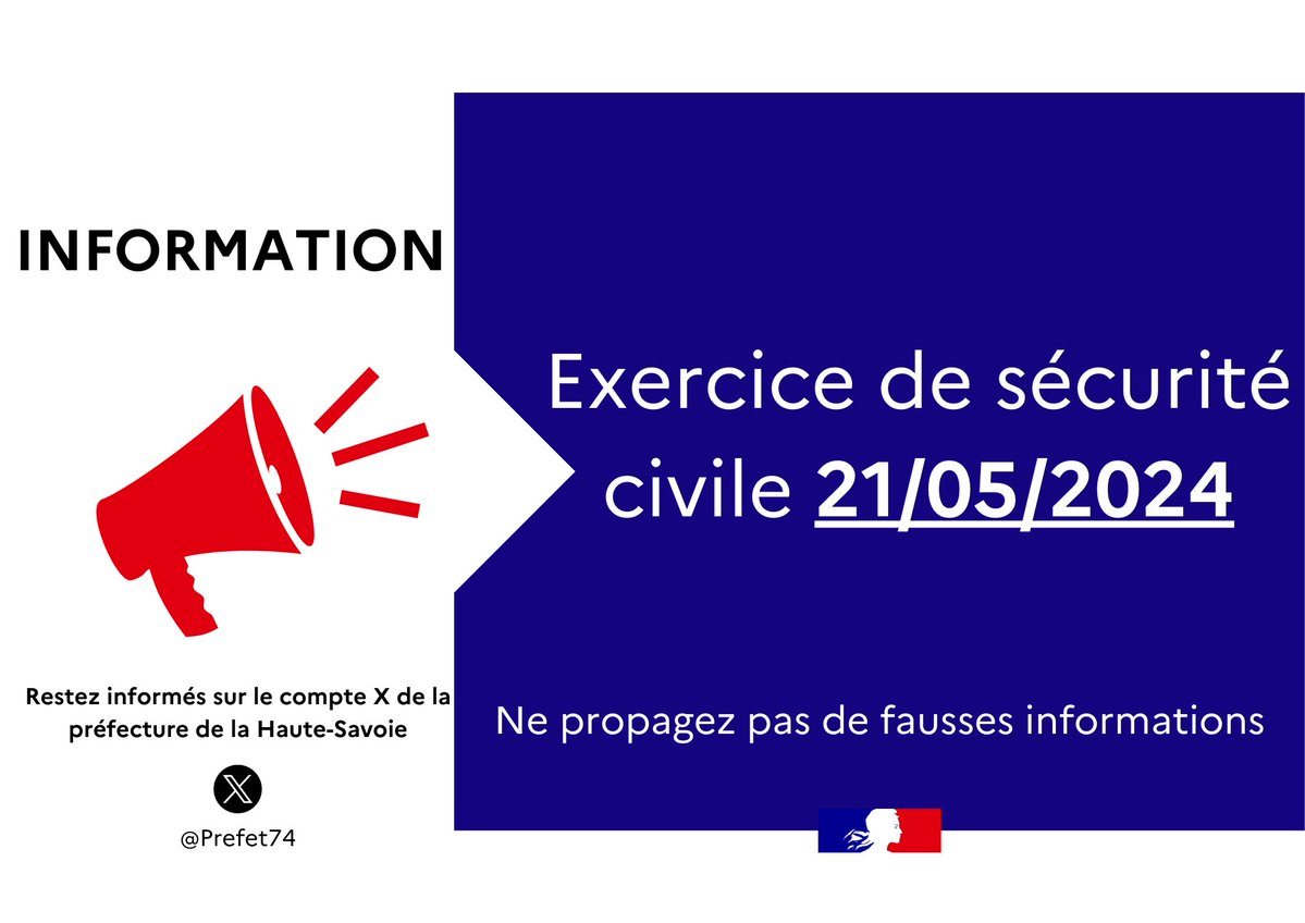 #INFORMATION | Mardi 21 mai, un exercice de sécurité civile mobilisant des acteurs du secours & les forces de l'ordre aura lieu sur le site du Parc des Sports d'#Annecy. @Prefet74 rappelle de ne pas diffuser de fausses informations sur les réseaux sociaux.