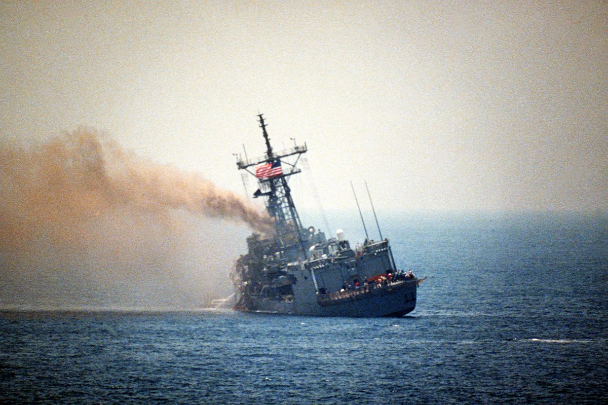 #OTD in 1987, USS Stark (FFG-31) was hit by 2 Exocet missiles fired by an Iraqi aircraft. 37 sailors were killed and another 21 were wounded. Iraq claimed the pilot mistook the frigate for an Iranian tanker. The crew's valiant damage control efforts saved the ship from sinking.