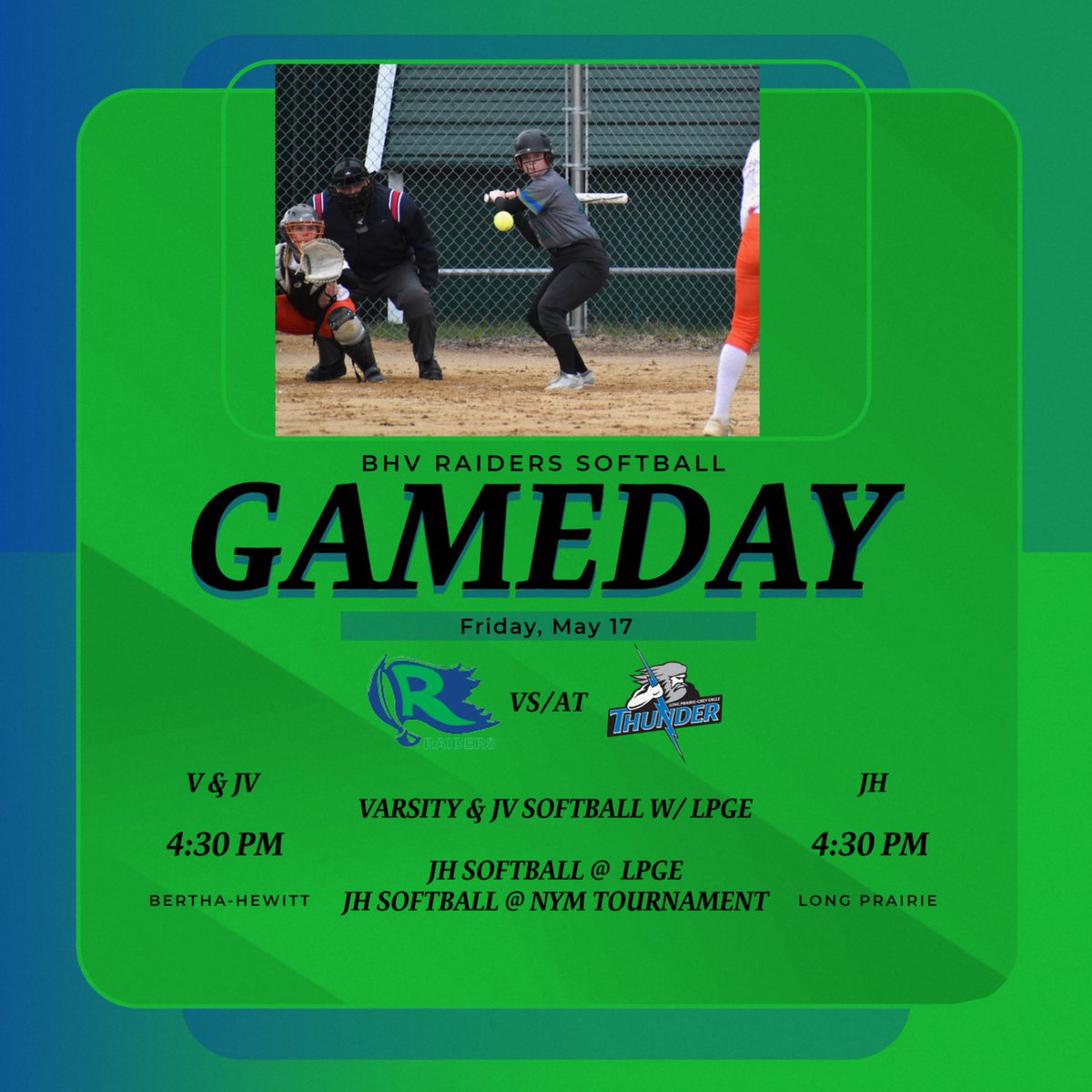 Verndale_AD's tweet photo. The Raiders Softball teams will finish the regular season tonight.  The Varsity and JV will host the Long Prairie-Grey Eagle Thunder at 4:30 in Bertha.  The JH will split their squad sending a team to Long Prairie and another team to New York Mills for a tournament.
#GoRaiders https://t.co/auqARoQ6dI