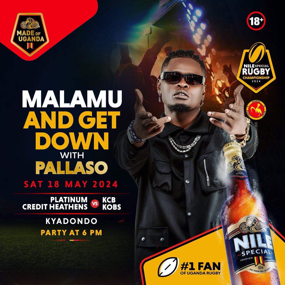 Party in my City. 🏙️ All my fans and every one else who is looking for me. Tomorrow I will be waiting for you. 6pm Sharp 🔥🔥🔥 NILE SPECIAL RUGBY CHAMPIONSHIP 24 at KYADONDO. #UgandaSpeacial #MadeInUganda #PallasoFever