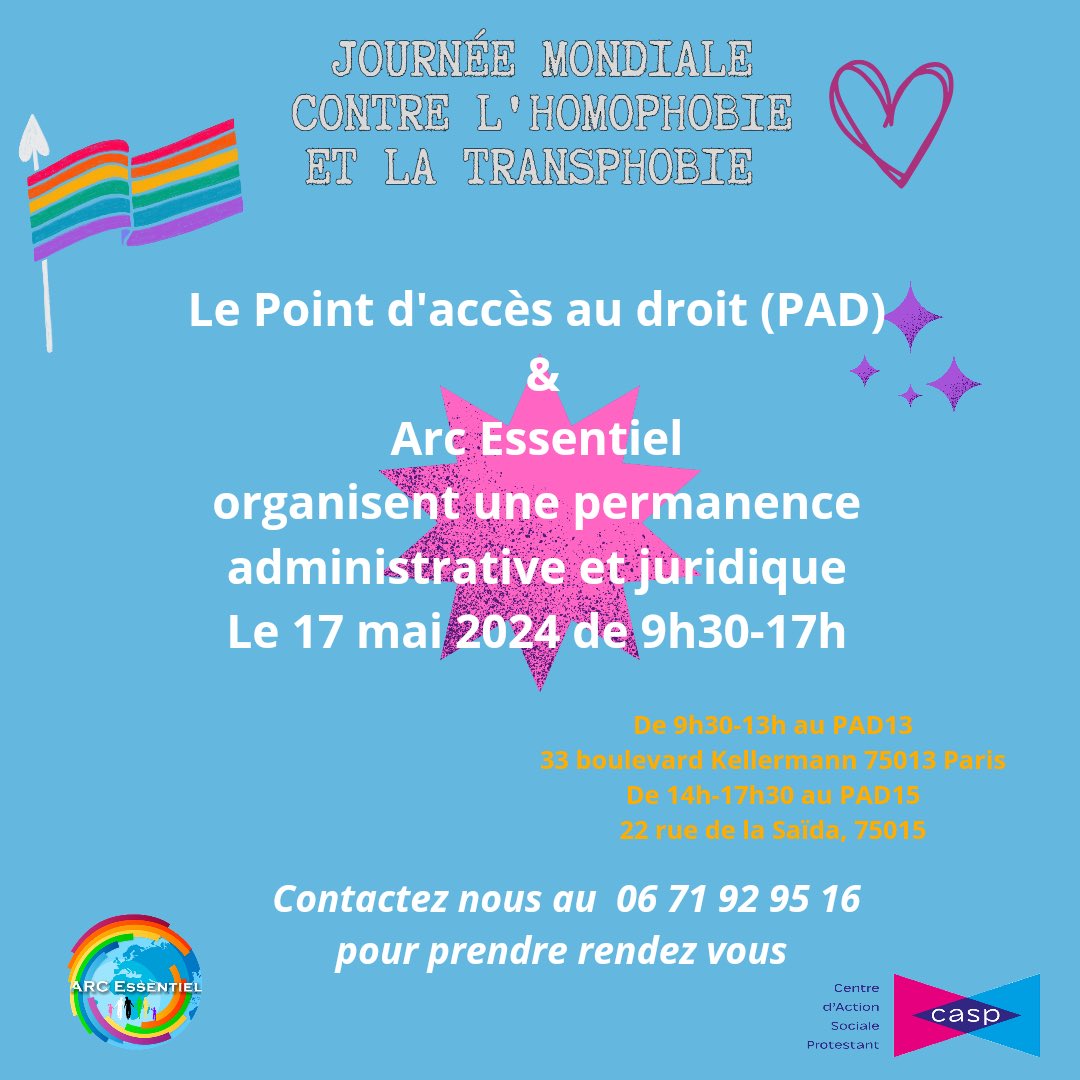 Ce jour, pour la Journée mondiale de lutte contre l’homophobie, la transphobie et la biphobie, la Mairie de #Paris15 accueille l’association @ArcEssentiel dans les Points d’accès au droit du 15e afin d’assurer des permanences administratives sur les discriminations LGBTQIA+