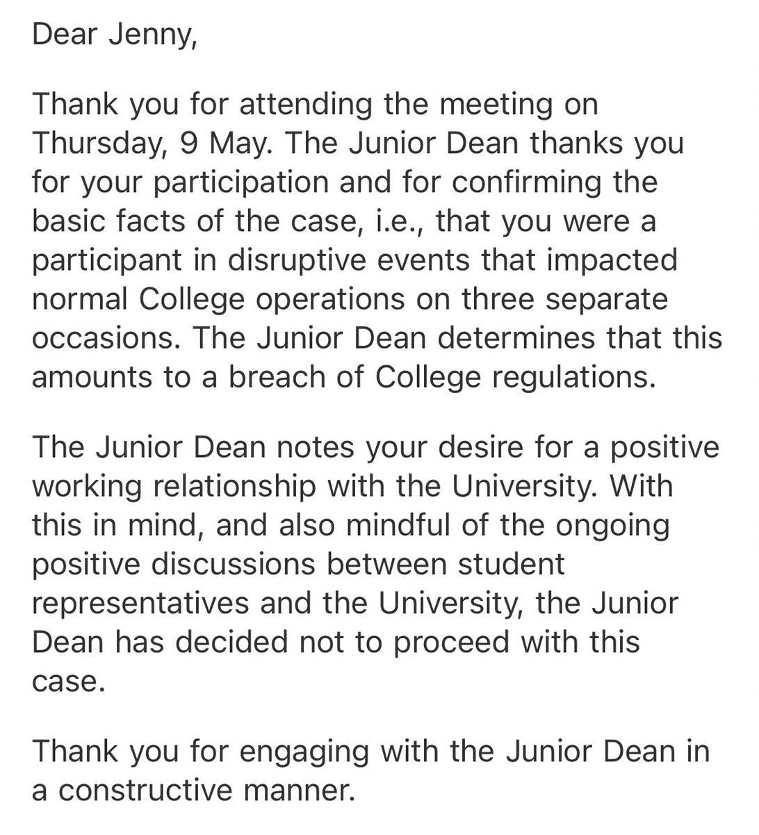 All disciplinary action has been dropped against myself, <a href="/TCDSU_President/">Jenny Maguire (SU)</a> and the <a href="/PWO_TCD/">PWO TCD</a> president by Trinity.

A huge win in protecting the right to protest on our campuses. Trinity cannot intimidate students from taking action against a college that doesn’t work for them✊❤️