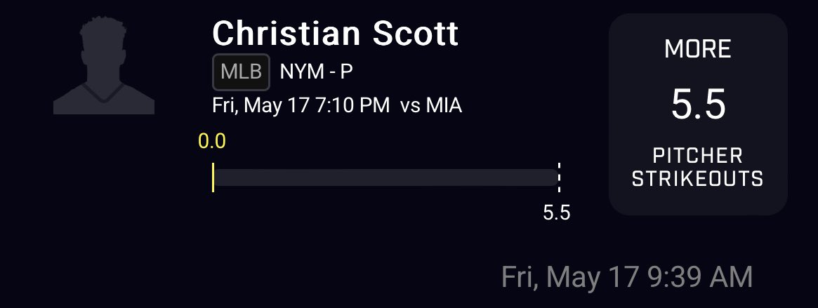 🚨MLB OFFICIAL PLAY⚾️

ELITE STUFF⭐️

Scott has shown ELITE swing & miss ability his first 2 starts🔥

6+ Ks & 14+ Whiffs in Both outings🚀

Should see his HIGHEST workload of the year as the Mets pen is CRUSHED🧪

Higher workload =More K Opportunities⚡️

QUICK BANGER @ 100 LIKES