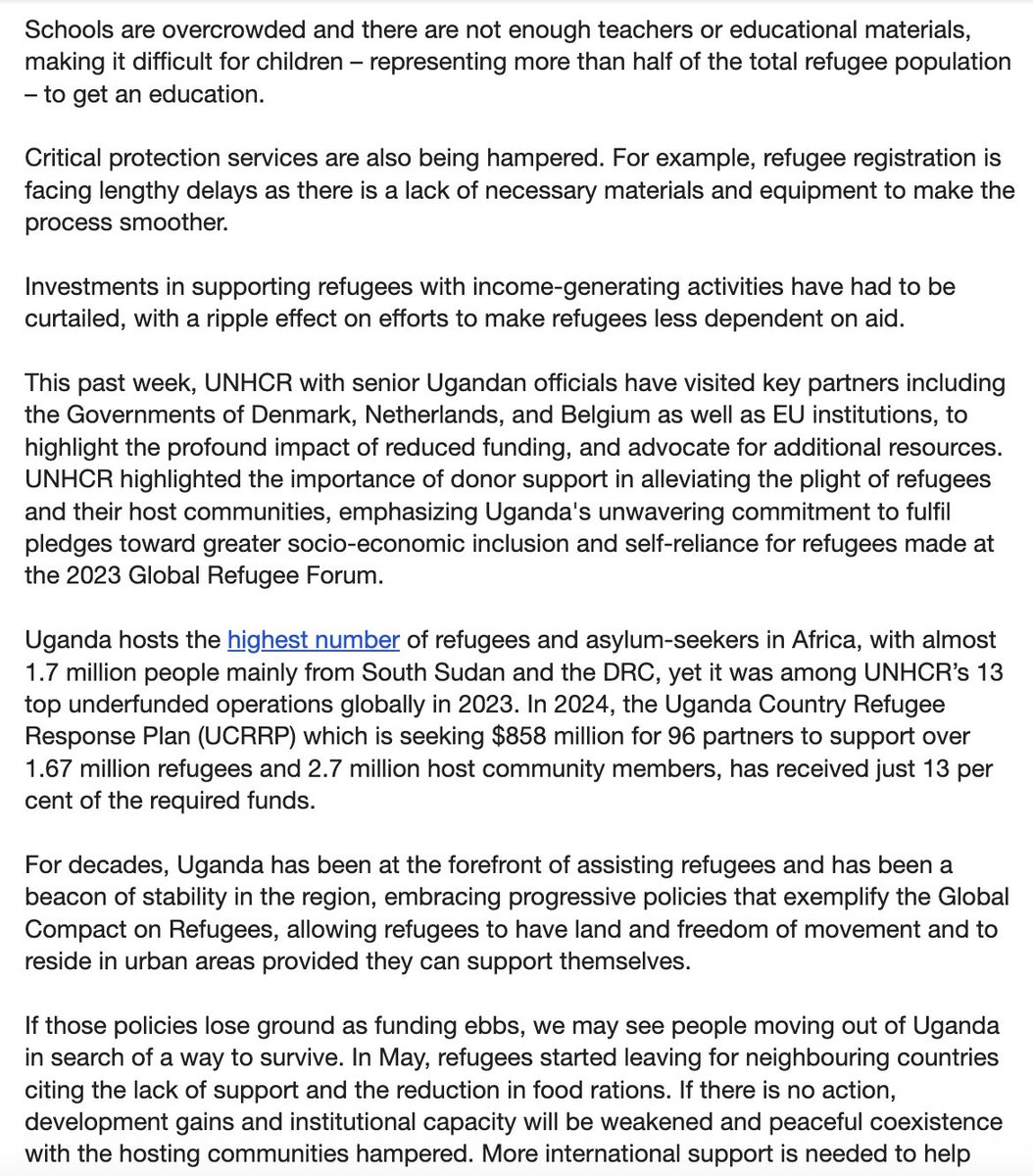 New UNHCR statement: 'Including the Sudanese, on average 2,500 people arrive in Uganda every week, mainly from the DRC & South Sudan, primarily driven by ongoing conflicts & climate-related challenges.' 'Uganda hosts the highest number of refugees & asylum-seekers in Africa'