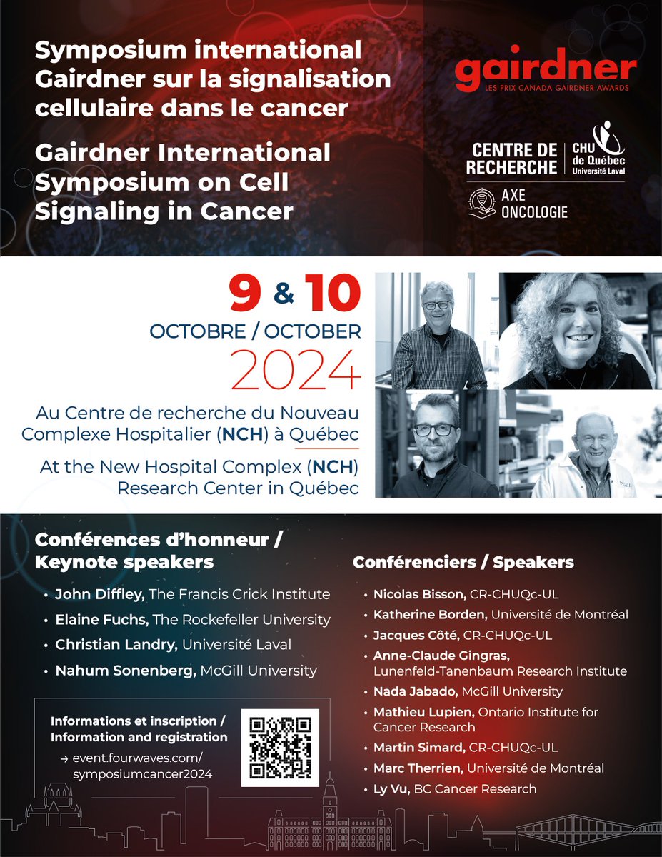 🚨Une occasion unique à ne pas manquer!🚨
Le symposium international Gairdner sur la signalisation cellulaire dans le cancer aura lieu les 9 et 10 octobre prochains. Les inscriptions ouvrent bientôt, restez à l'affût! 👀
@GairdnerAwards @crchuqc @chudequebec