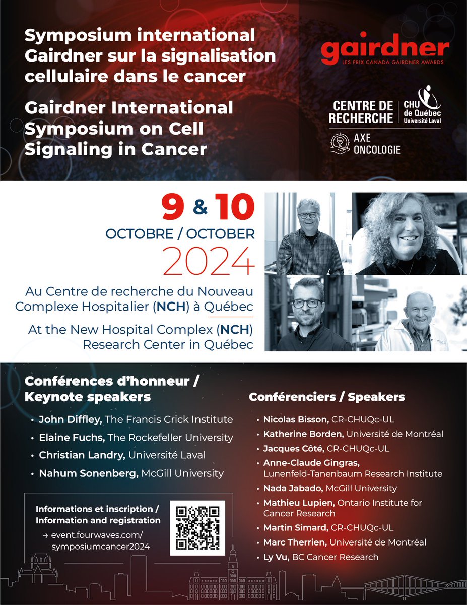 🚨Une occasion unique à ne pas manquer!🚨
Le symposium international Gairdner sur la signalisation cellulaire dans le cancer aura lieu les 9 et 10 octobre prochains. Les inscriptions ouvrent bientôt, restez à l'affût! 👀
<a href="/GairdnerAwards/">Gairdner Foundation</a> <a href="/crchuqc/">Centre de recherche du CHU de Qc-Université Laval</a> <a href="/chudequebec/">CHU de Québec-Université Laval</a>