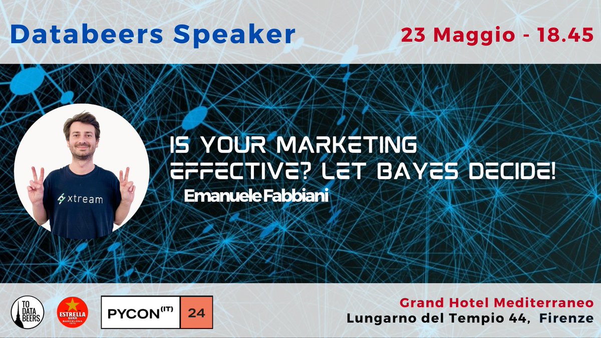 databeersTUS (@databeerstus) on Twitter photo -6 alla nostra serata al <a href="/pyconit/">PyCon Italia</a>
Avete mai pensato che un matematico del 1700 possa dirvi qualcosa del marketing di oggi? Noi non ce lo aspettavamo ma Emanuele Fabbiani ci farà ricredere
Per prenotare la propria birretta, offerta da <a href="/EstrellaDammEs/">Estrella Damm Es</a>: eventbrite.it/e/biglietti-da… -6 alla nostra serata al <a href="/pyconit/">PyCon Italia</a>
Avete mai pensato che un matematico del 1700 possa dirvi qualcosa del marketing di oggi? Noi non ce lo aspettavamo ma Emanuele Fabbiani ci farà ricredere
Per prenotare la propria birretta, offerta da <a href="/EstrellaDammEs/">Estrella Damm Es</a>: eventbrite.it/e/biglietti-da…
