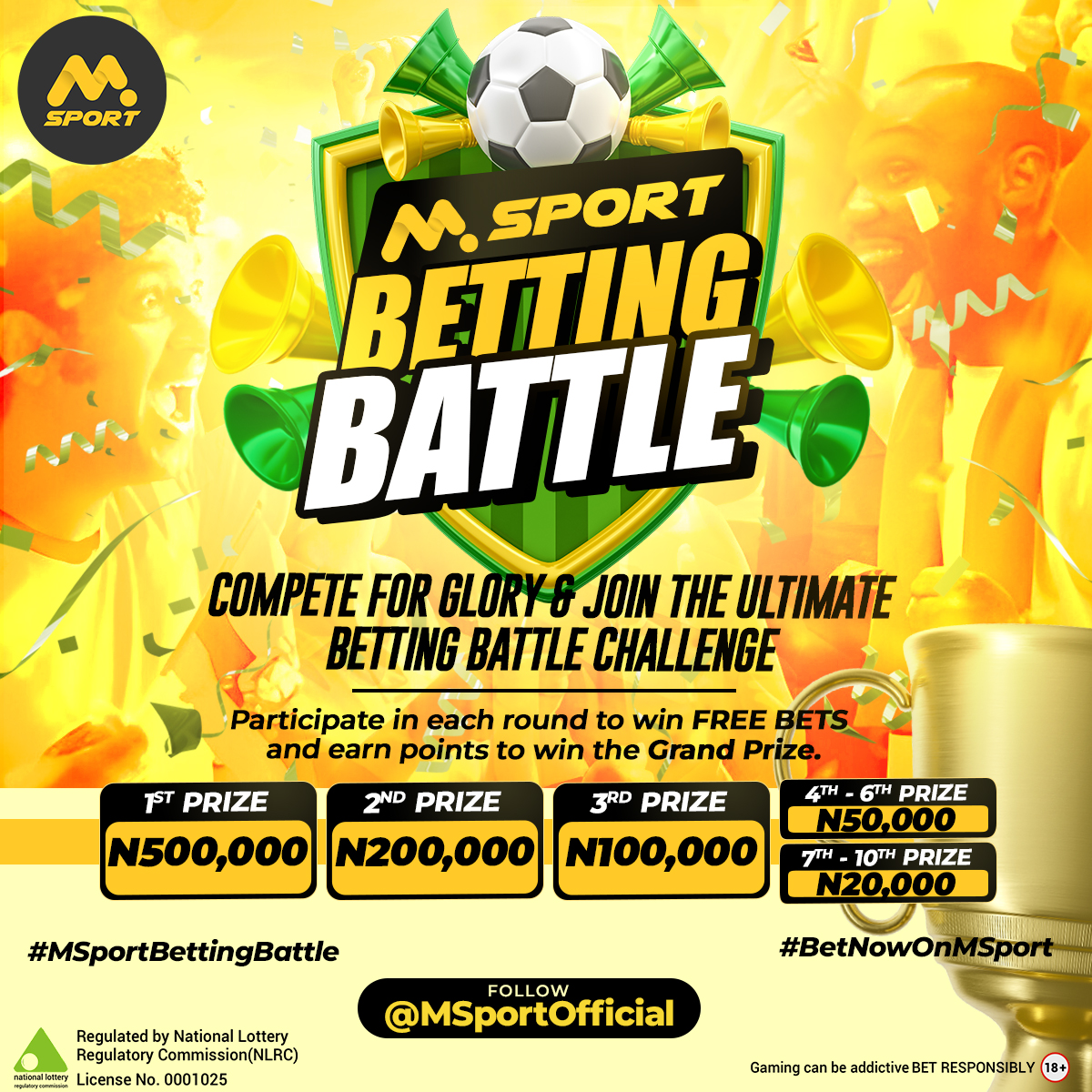 Hey MSport Fam! 🎉 Big shoutout to everyone who rocked the #MSportBettingBattle! Just like day turns to night, our epic battle has come to an end. We’ve seen some fierce competition, and now it's time to unveil our champions! 🥁 Drumrolls 🥁, please meet our winners: 🥇 1st