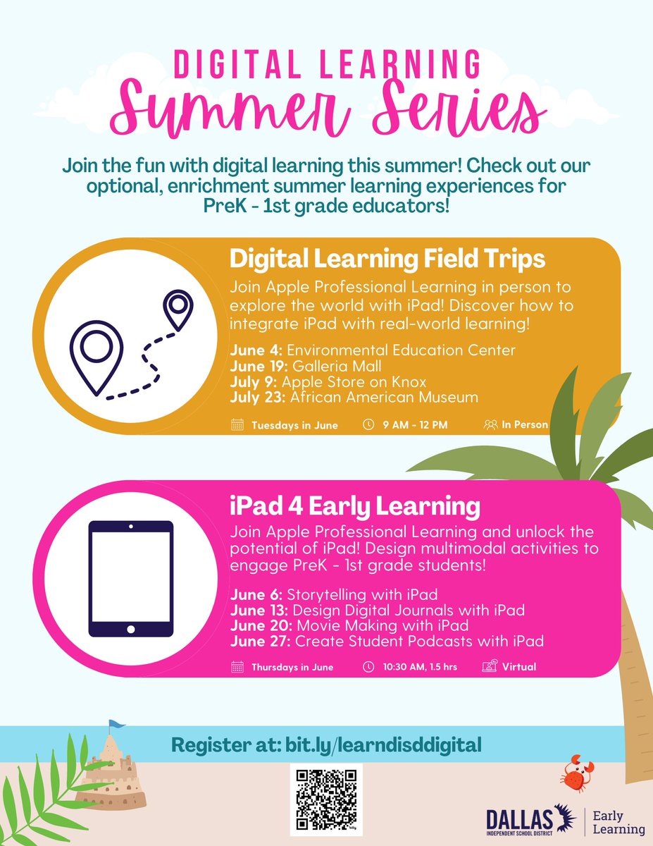 DIVE into summer learning with iPad! ☀️🌊 Join us in-person on field trips or connect virtually to discover new and innovative ways to integrate digital learning in PrekK - 1st classrooms. Register for enrichment PD at bit.ly/learndisddigit… 🏝️ @CrisJackson23 @MurilloDebbie1