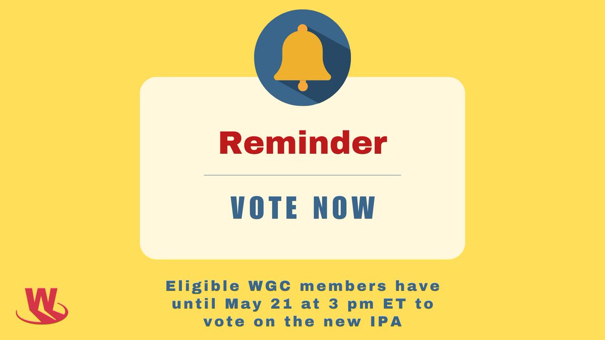 🔔 Friendly reminder: Don't delay! Vote NOW! Eligible WGC members: check your email for details. Voting is open until Tuesday, May 21 at 3 PM ET.🗳️✉️ #WGCSolidarity #StandwithWGC #WGCStrong