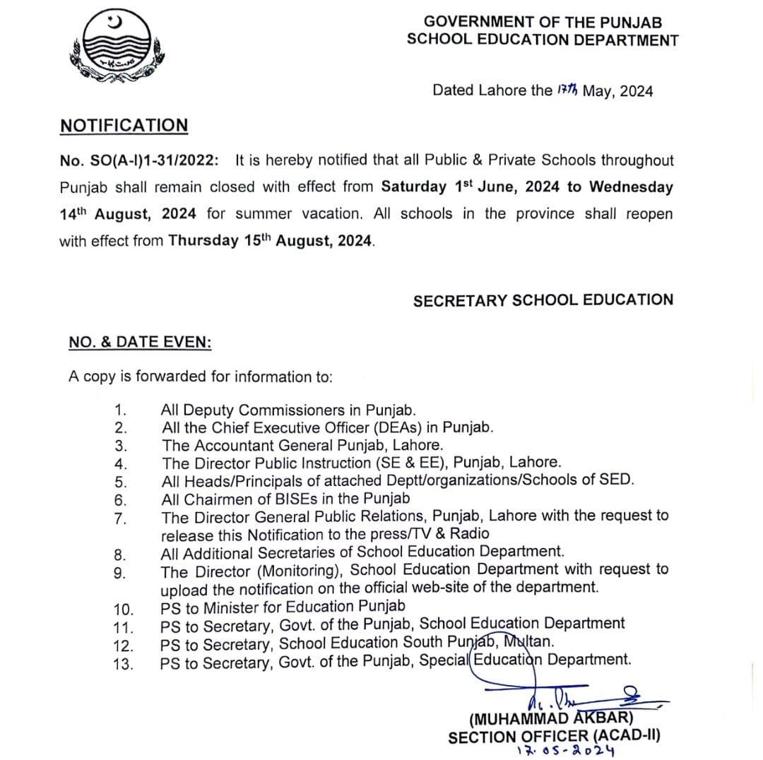 پنجاب میں ہیٹ ویو کا معاملہ ، اسکولز ایجوکیشن پنجاب نے گرمیوں کی چھٹیوں کا اعلان کردیا یکم جون سے چودہ اگست تک گرمیوں کی چھٹیوں کا اعلان کردیا گیا ، نوٹیفیکیشن
