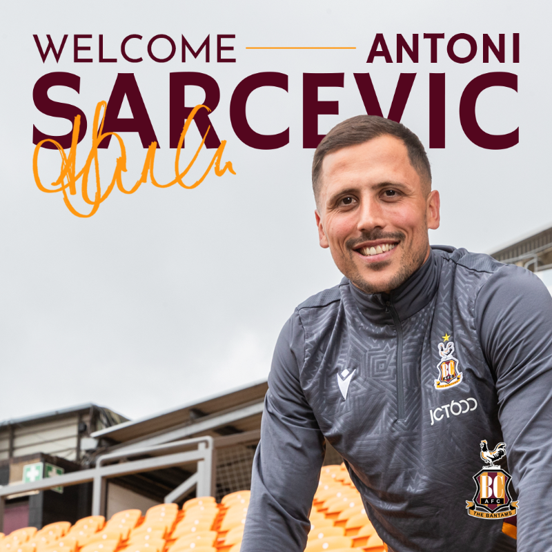 officialbantams's tweet photo. 💪 | Seven-time promotion winner Antoni Sarcevic becomes our first summer signing, arriving at the @UniofBradford Stadium on an initial two-year deal!

#BCAFC | #WelcomeSarce