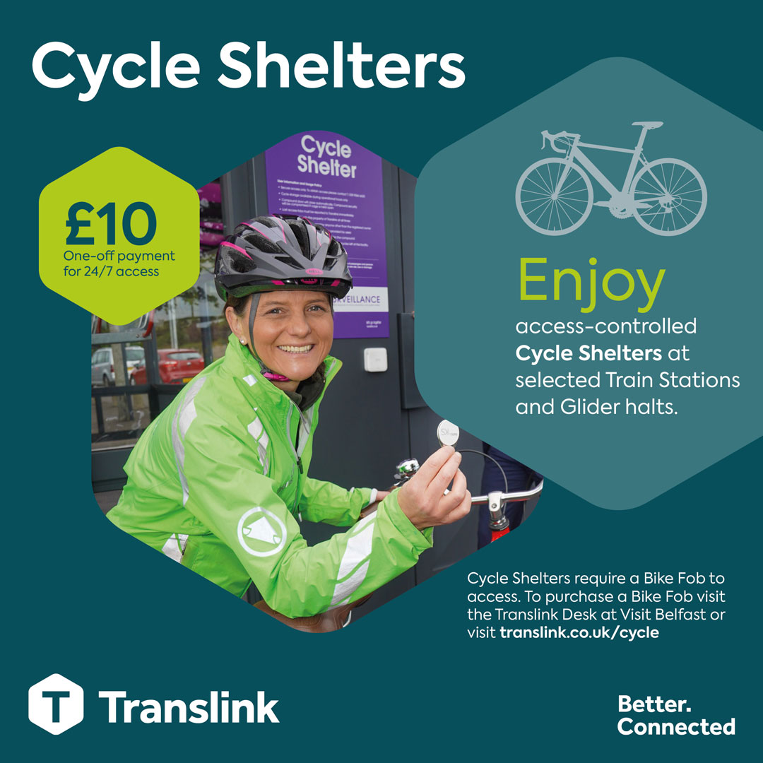 🚲 Enjoy access-controlled Cycle Shelters across the network at selected Train Stations and Glider halts! ℹ️ Purchase your Bike Fob at the Translink Desk at Visit Belfast or online 👉 bit.ly/3uTMEOb