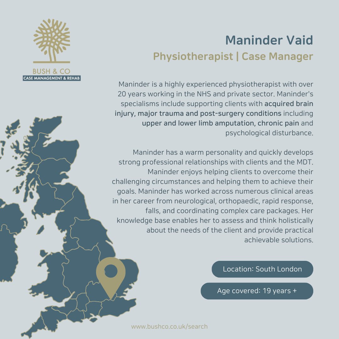 Maninder Vaid, Physiotherapist with experience in supporting clients with ABI's and post-surgery complications. Maninder has worked across numerous clinical areas, her knowledge enables her to provide achievable solutions for her clients. View her profile eu1.hubs.ly/H08Y2Tf0