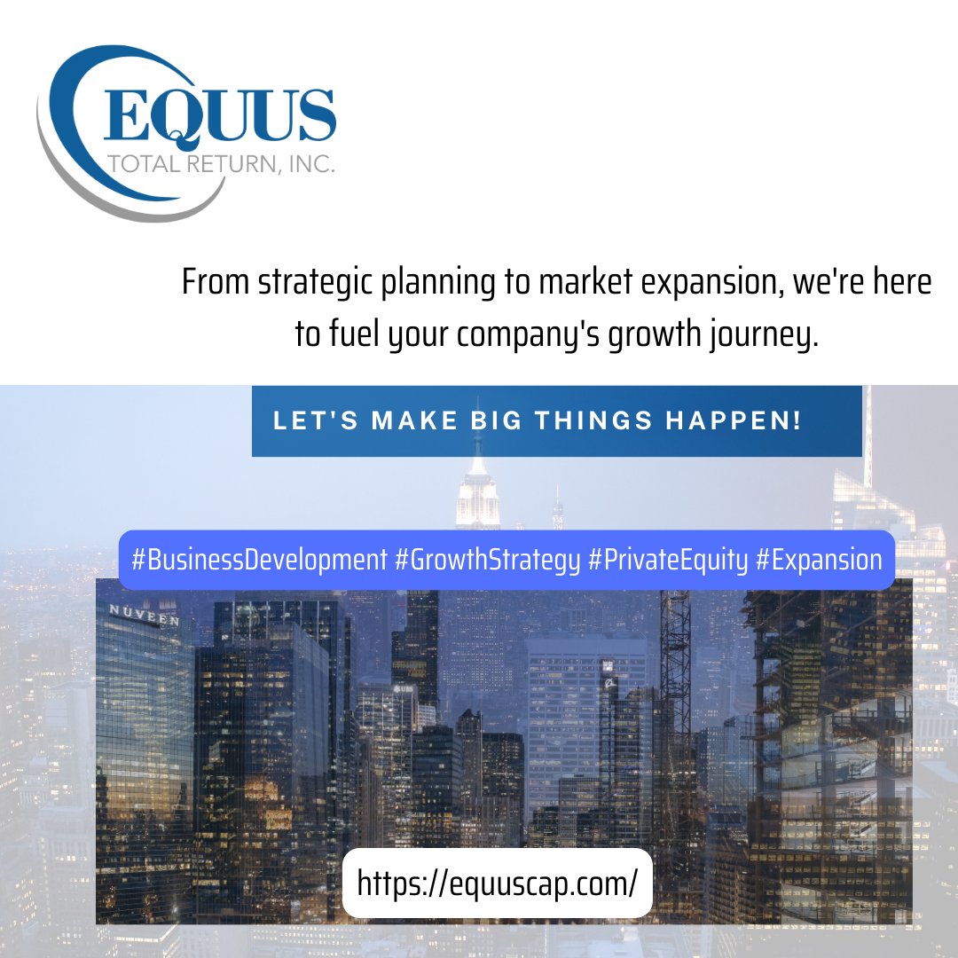 'Business growth isn't just a goal; it's a strategic imperative.🌏

Equus Total Return Inc.
equuscap.com..
#EquusTotalReturn; #InvestmentFund; #PrivateEquity; #BusinessDevelopment; #PortfolioManagement; #FinancialGrowth; #EquusCapital;