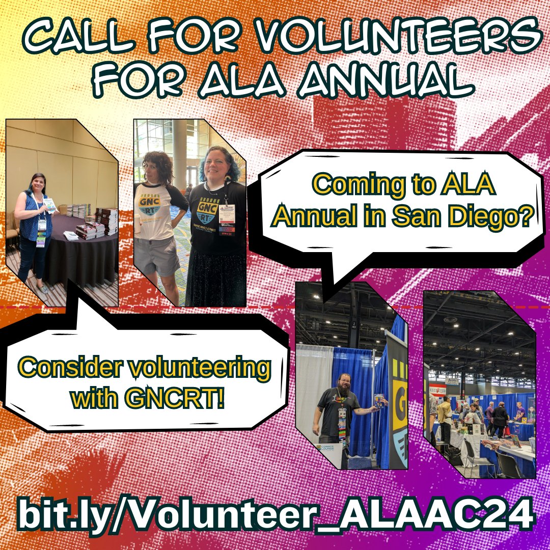 Coming to ALA Annual in San Diego? Consider volunteering with GNCRT! Volunteer opportunities include helping out with the Comics Lounge, panels, and more. Sign up at bit.ly/Volunteer_ALAA…