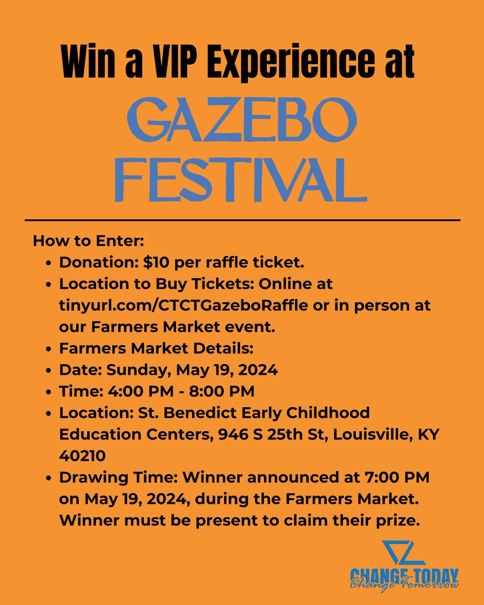 Don't forget! Support CTCT and enter for your chance to win a pair of VIP Weekend Passes to Gazebo Fest. Winner announced at 7:00 PM on May 19, during the Farmers Market. The winner must be present to claim their prize. Enter by donating $10 or more here tinyurl.com/CTCTGazeboRaff…