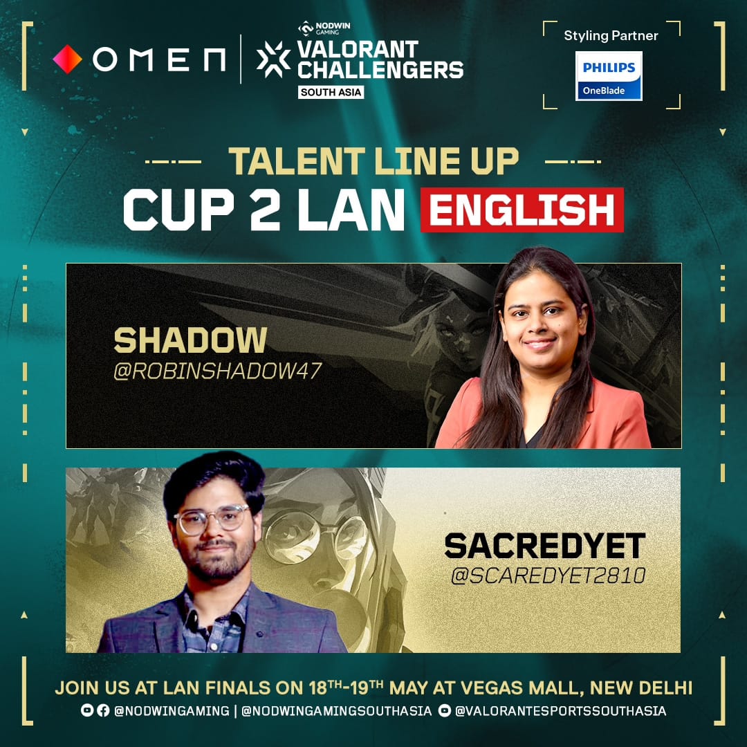 Meet the voices of the OMEN VALORANT Challengers South Asia CUP 2 LAN Final 🏆🔥! Our talented broadcast lineup is ready to bring the heat and deliver non-stop action ✨ Join us at Vegas Mall, Dwarka 📅:18-19th May 2024 🏆Prizepool INR 1 Crore + See you at the finals 💫 #VCSA