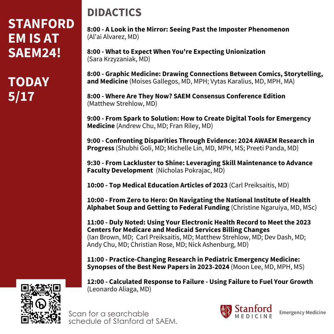 Join @StanfordEMED at #SAEM24 today! And check out the full schedule of Stanford at SAEM here: ow.ly/TFkc50RprhT