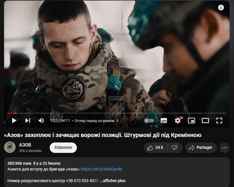 💥 Un régiment ukro-nazi fait une publicité hollywoodienne sur une chaîne YouTube à plus de 385.000 abonnés ! 

Pour rappel, AZOV, c'est le nazisme jusque sur leur écusson, les crimes atroces et les exactions depuis 2014 dans le Donbass. 

Alors que la censure fait rage en France