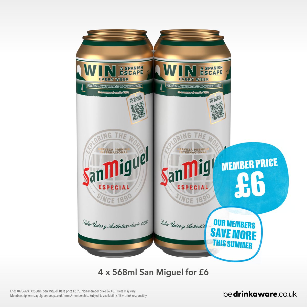 Co-op Members save on 4 pint size cans of San Miguel, in store now! Cheers to summer 🍻

Not yet a member? Sign up now 👉 coop.co.uk/membership