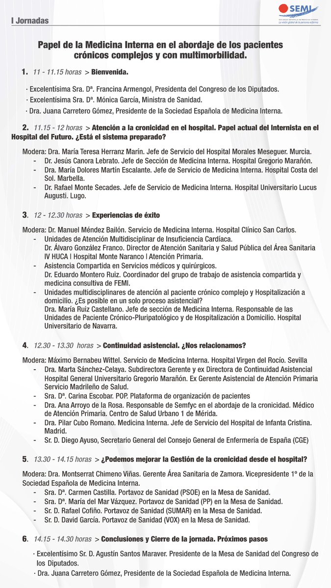 🔴Sigue en streaming hoy a partir 11:00h las 'I Jornadas 'Papel de la #MedicinaInterna en el abordaje de los #pacientes crónicos complejos y con #multimorbilidad' que organizamos hoy en @Congreso_Es 🏛️
📡Directo: bit.ly/streamingSEMI2…
 congreso.es/es/agenda @CarreteroJuani