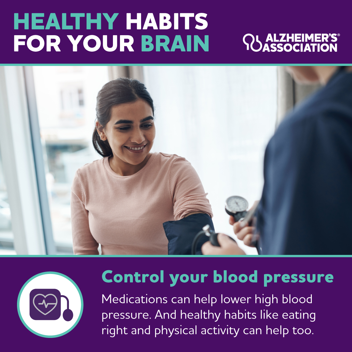 Controlling your blood pressure can help you keep your brain healthy. Learn more ways to reduce the risk of cognitive decline and dementia with our 10 Healthy Habits for Your Brain: alz.org/healthyhabits. #WorldHypertensionDay