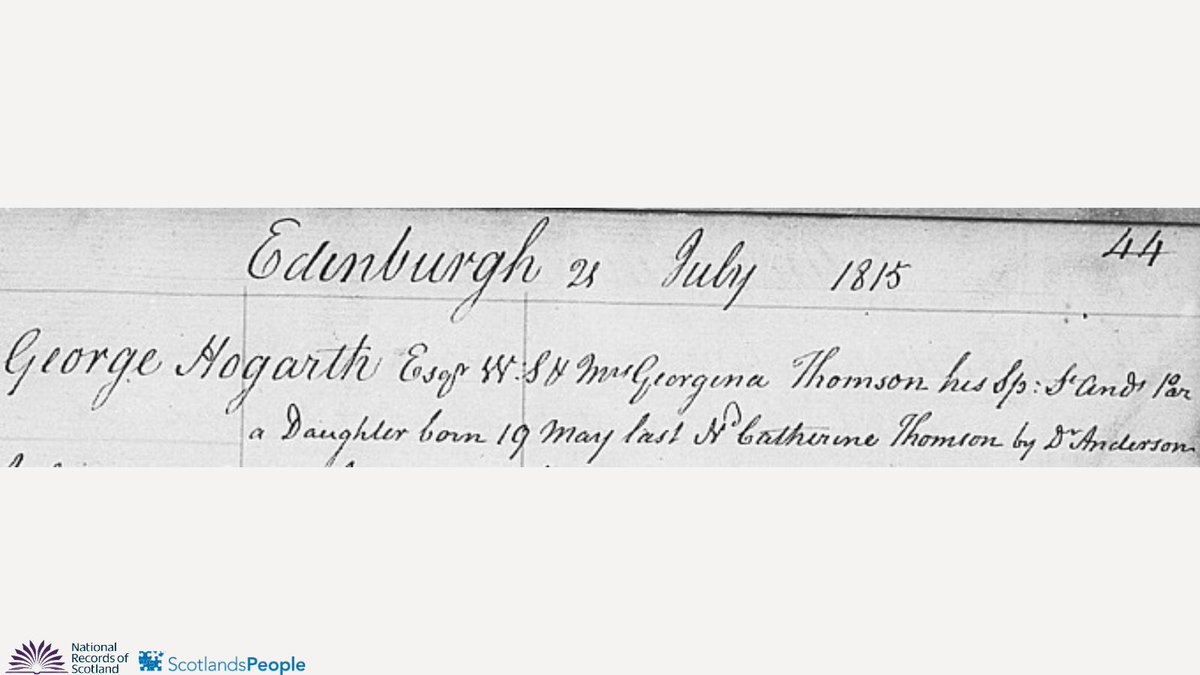 Birth entry of Catherine Hogarth, 19 May 1815.

Born to a publishing family, Catherine married author Charles Dickens in 1835, with whom she had 10 children. Their marriage was an increasingly unhappy one, ending in separation in 1858.

Learn more 👇

bit.ly/SPHogarth