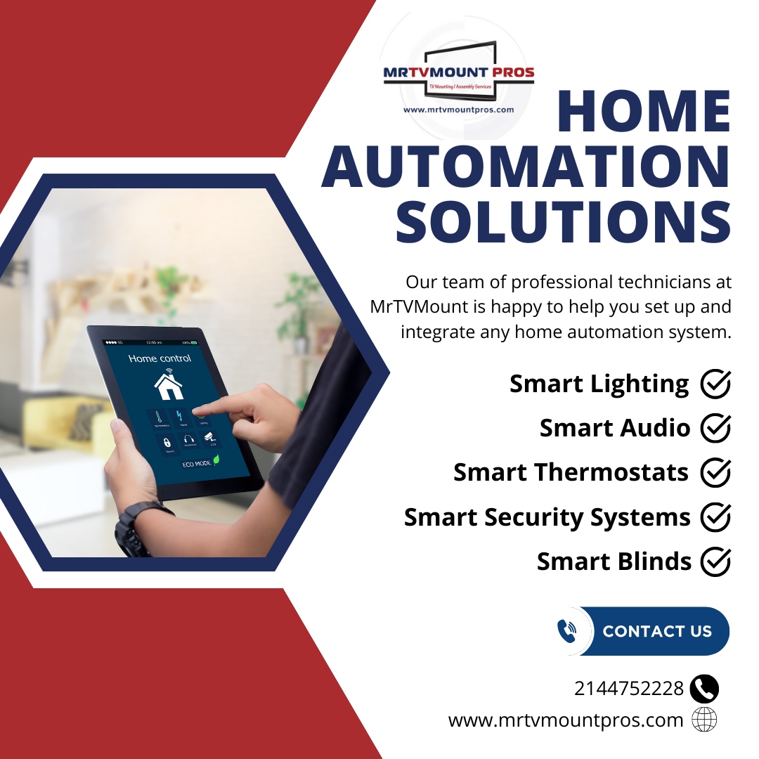 Elevate your home with smart solutions! Our team at MrTVMount specializes in seamless setups for smart lighting, audio, thermostats, security systems, and blinds. Experience the convenience of home automation today. 🌐 mrtvmountpros.com 📞 2144752228