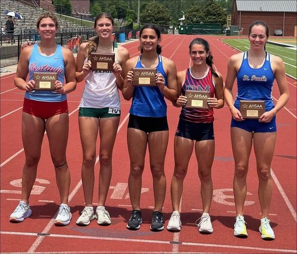 AHSAA Track and Field Spotlight presented by Thompson Tractor Heptathlon Top 5: From left: 5th place: Christiana Belcher, Vestavia Hills; 4th place: Emma Grace Howard, Pelham; 3rd place: Katherine Lee, Auburn; 2nd place: Sara Cothran, Oak Mountain; 1st place: Jane Ford, St.