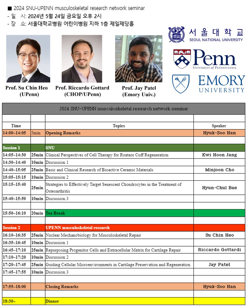 The Heo Lab (@heolab) on Twitter photo "Hello from the Dept. of Orthopaedic Surgery at Seoul National University. Following last year, we again inviting capable MSK researchers from UPenn and Emory Univ. and have prepared the 2024 SNU-UPENN Musculoskeletal Research Symposium."
Contact to join: KORS838@gmail.com "Hello from the Dept. of Orthopaedic Surgery at Seoul National University. Following last year, we again inviting capable MSK researchers from UPenn and Emory Univ. and have prepared the 2024 SNU-UPENN Musculoskeletal Research Symposium."
Contact to join: KORS838@gmail.com
