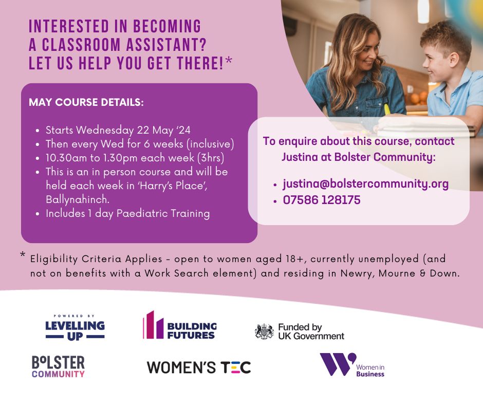 womenstec's tweet image. 📣 Ballynahinch Ladies - Considering returning to work? 👇

Our Building Futures partner @BolsterCom is running a course to help you become a Classroom Assistant! 

Contact Justina: 07586 128175.

#BuildingFutures #ReturnToWork #ClassroomAssistant #BolsterCommunity #JobTraining