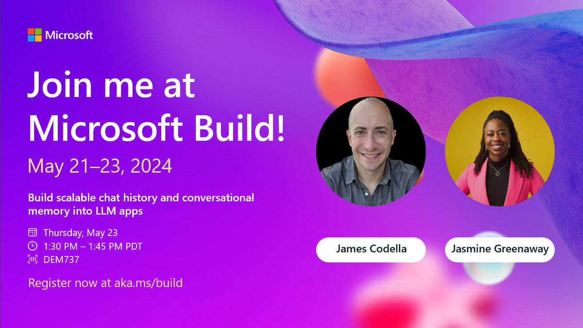 See 'Build Scalable Chat History and Conversational Memory into LLM Apps' at #MSBuild on May 23, 1:30 PM PDT! James Codella and Jasmine Greenaway will demo using Azure Cosmos DB and Microsoft Semantic Kernel for scalable chat history and memory. 

👉 build.microsoft.com/sessions/b29ec…