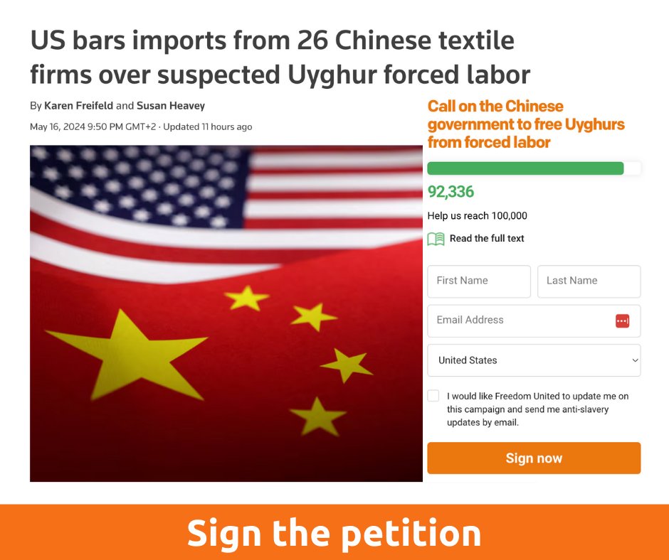 It is great to see the U.S. government enforcing the Uyghur Forced Labor Prevention Act. Hopefully, this and our collective pressure will convince the Chinese government to free Uyghurs from forced labor. Haven't signed the petition? Right this way! freedomunited.org/advocate/free-…