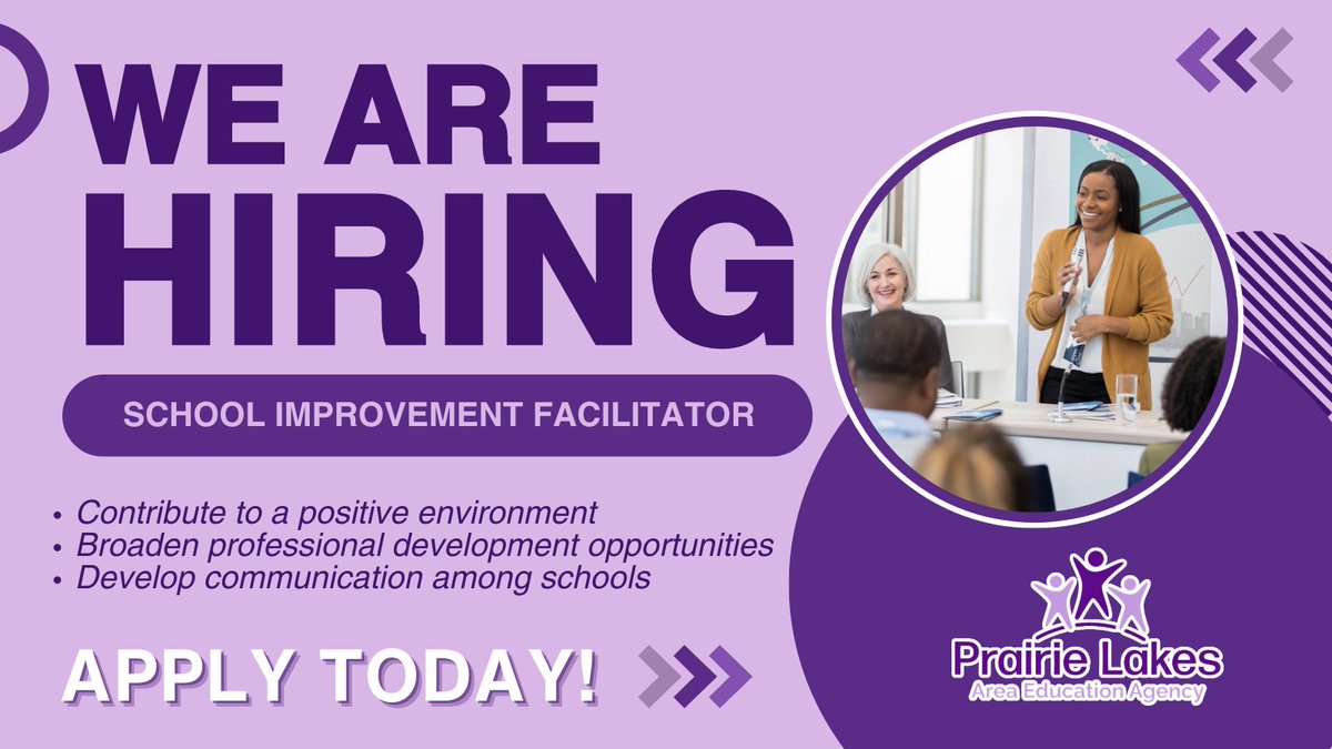 Become a School Improvement Facilitator for #PLAEA! In this role, you will:

✅ Contribute to a positive environment
✅ Broaden professional development opportunities
✅ Develop communication among schools

Learn more: prairielakes.tedk12.com/hire/index.aspx #EveryDayAtPLAEA