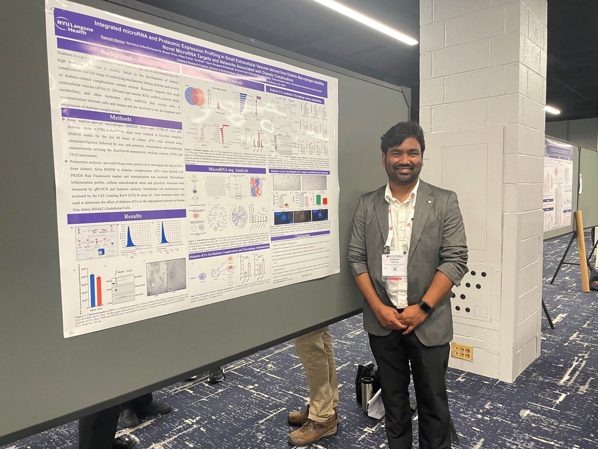 Congratulations to Ramesh Nimma, NYU Diabetes Research Program, for sharing his research at ATVB Vascular Discovery Poster session! Ram presented his work on diabetes, macrophages and small extracellular vesicles. #vasculardiscovery24