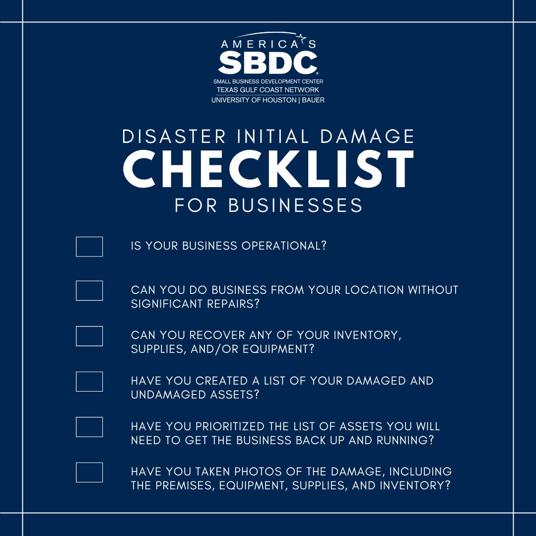 If your small business was impacted by last night's storm, we encourage you to work with your local SBDC and economic developer to get your business operational again—especially if you answered no to any of these questions. Stay safe, Houston! ❤️ #houston #smallbusiness #sbdc