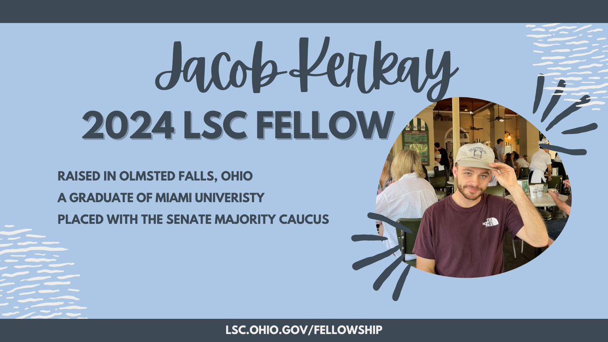 Jacob Kerkay is a 2024 Fellow placed with the Senate Majority Caucus. He calls Olmsted Falls, Ohio, home, and he graduated from @miamiuniversity. Read more about Jacob here: facebook.com/LSCFellowshipP… #lscfellowship #stategovernment #publicservice #ohio #FeaturedFellow