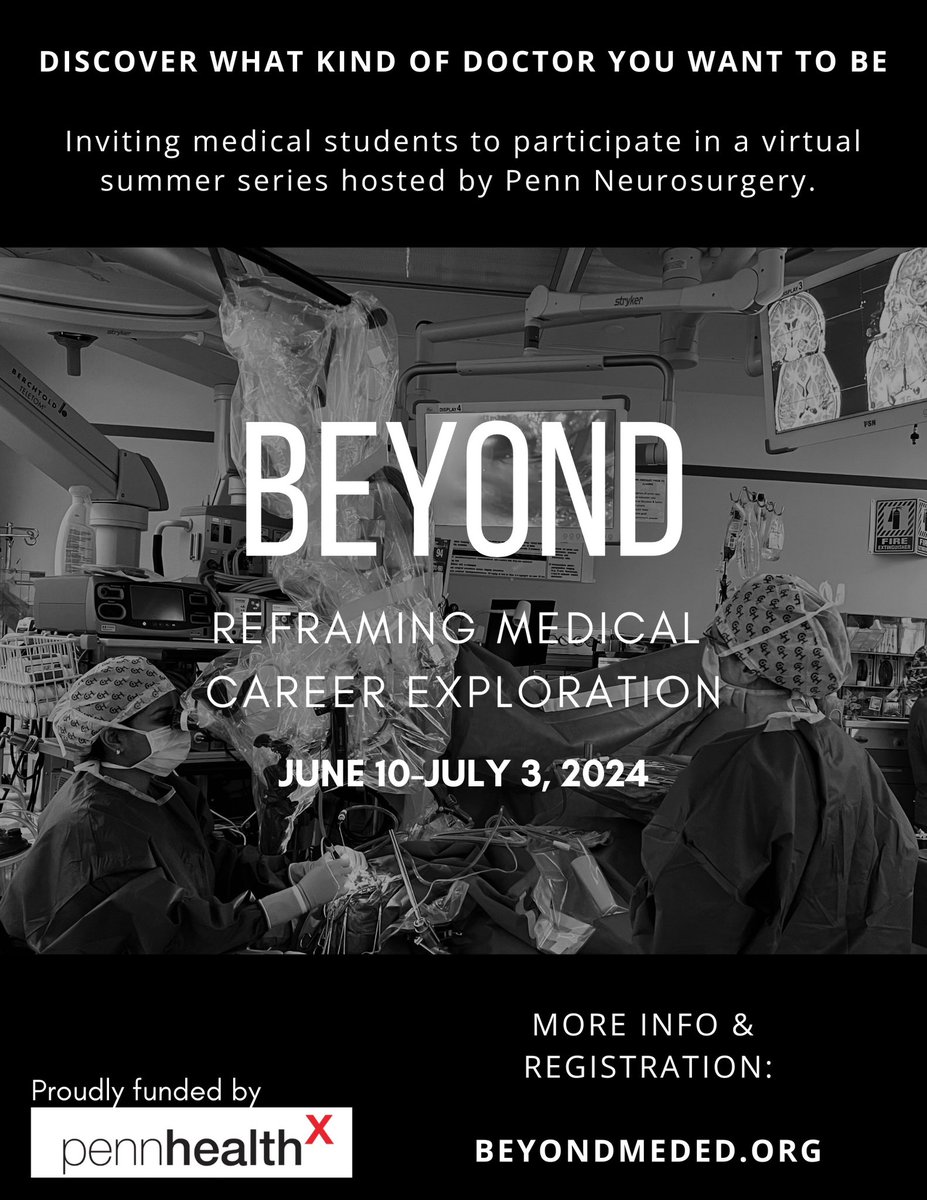Med students- Trying to decide what speciality is right for you? Join our FREE virtual career exploration course ✨Brain and Beyond✨ this summer. Learn about Neurosurgery and multiple other specialities. Check out beyondmeded.org for more info and register now!