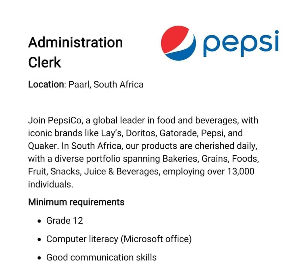 📌✅️Administration Clerk at Pepsi South Africa Requirements: Grade 12 Salary: R15 000 perbmonth Location: South Africa Link To Apply: tinyurl.com/2p9mvjvv Closing date: 20 May 2024
