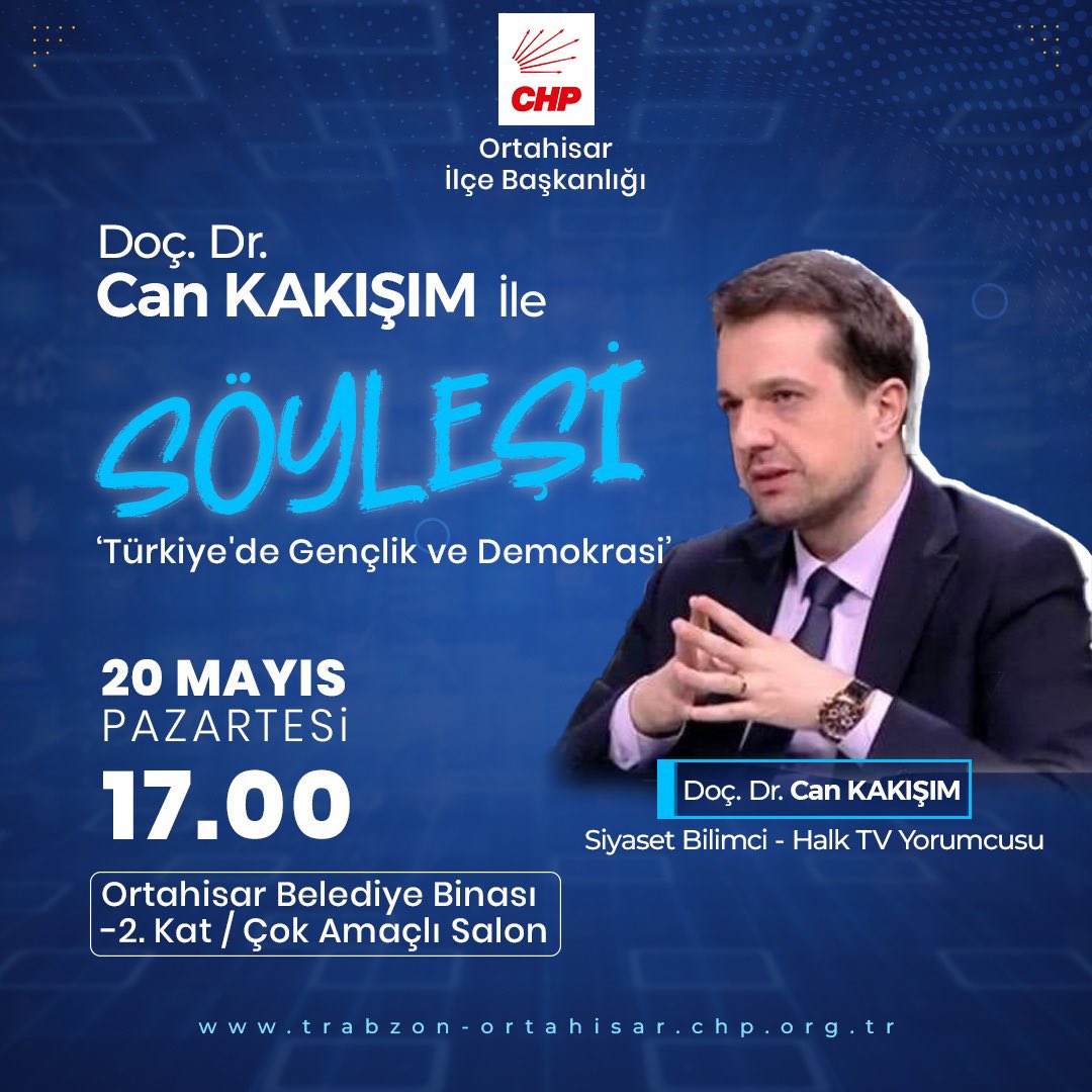 Pazartesi günü memleketim Trabzon'dayım. 19 Mayıs Gençlik ve Spor Bayramı dolayısıyla 'Türkiye'de Gençlik ve Demokrasi' konulu bir söyleşi gerçekleştireceğiz. Tüm hemşehrilerimi beklerim 🙏❤️💙