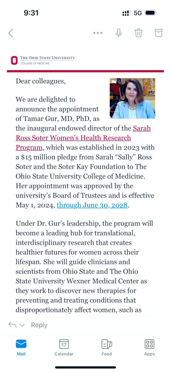 Beyond thrilled to take on this role @OhioStateMed at this critical time for Women’s Health! Grateful for the vision of @DeanBradfordMD @PeterMohler and Mrs. Soter. Who says dreams can’t come true?