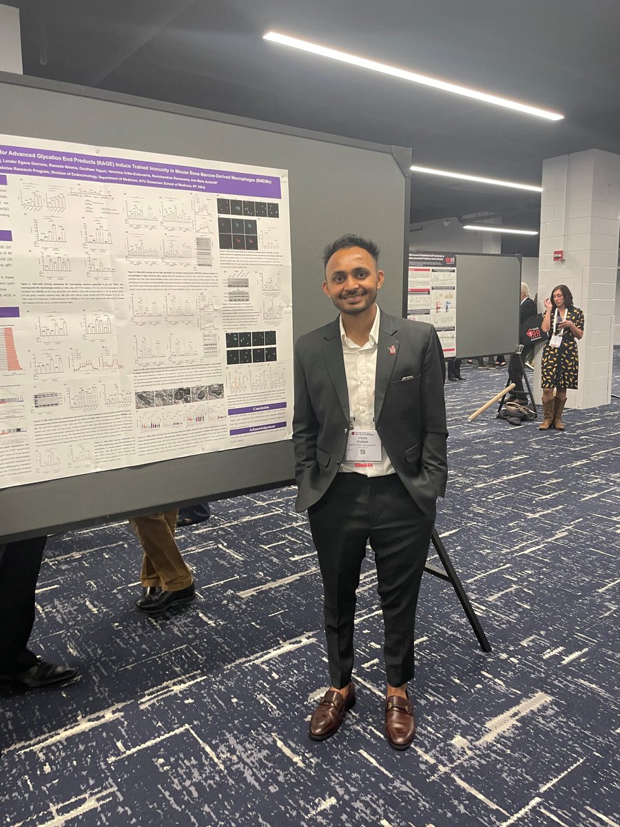 Congratulations to Vikas Kumar, NYU Diabetes Research Program, for sharing his research at ATVB Vascular Discovery Poster session! Vikas presented his work on RAGE/DIAPH1 and trained immunity in macrophages in in vitro and in vivo studies! #vasculardiscovery24