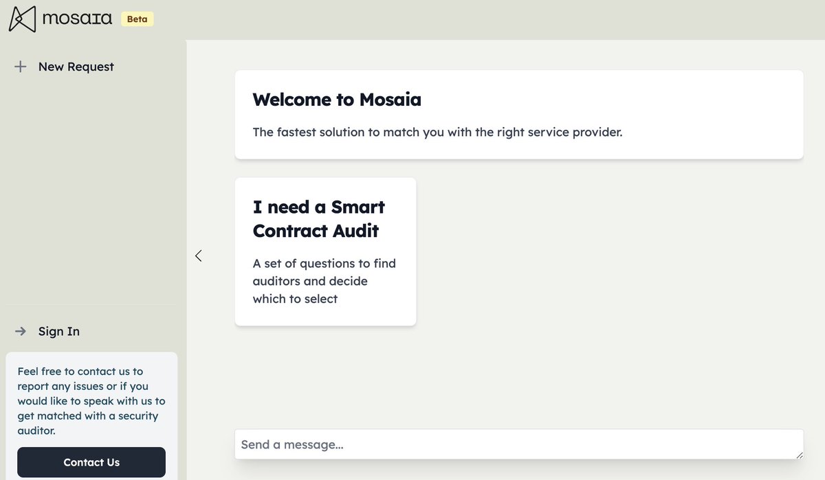 Today, with @aaronwongellis, we’re excited to launch the Beta of Mosaia’s new product. We’re building the fastest solution to match you with the right service provider. Starting with smart contract audit firms. The smart contract audit industry is moving fast - each firm has