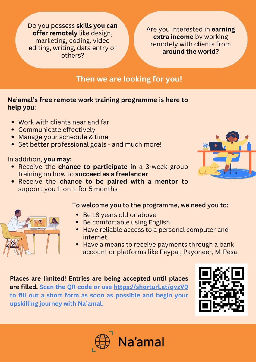 🌟 Ready to work remotely and earn extra income? 🌟 Join Na'amal's FREE remote work training program and unlock endless opportunities Details Here: bit.ly/4bIJtZu #RemoteWork #Freelancing #Upskilling #Naamal