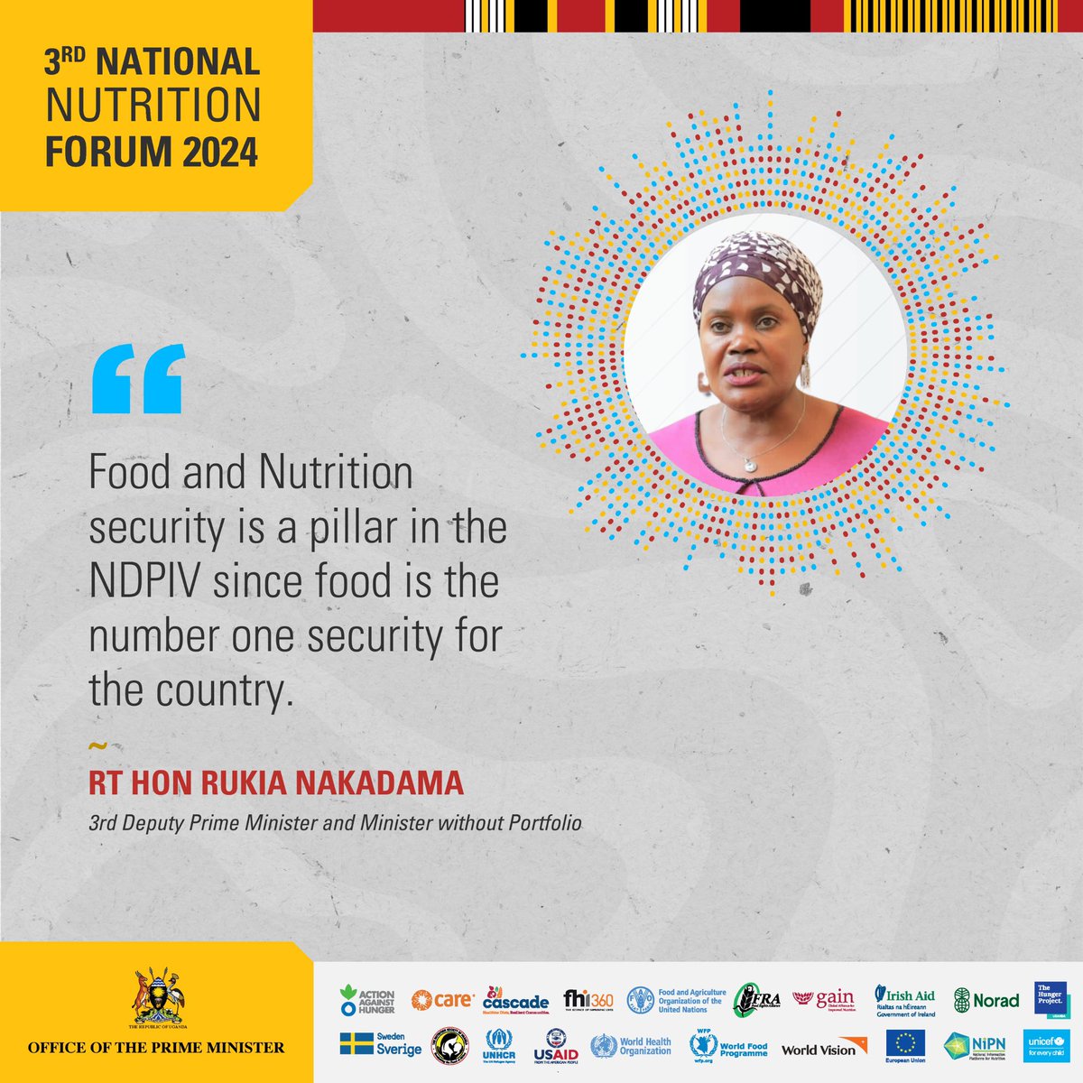 Food and Nutrition security is a pillar in the NDPV since food is the number one security for the country. Rt. Hon. @Rukianakadama #NationalNutritionForum2024
