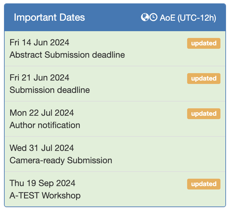 A-TEST2024, workshop on Automating Testing, co-located with ECOOP/ISSTA.  

a-test.org

CFP on special theme: Using DSLs for test automation and the automated testing of DSLs.