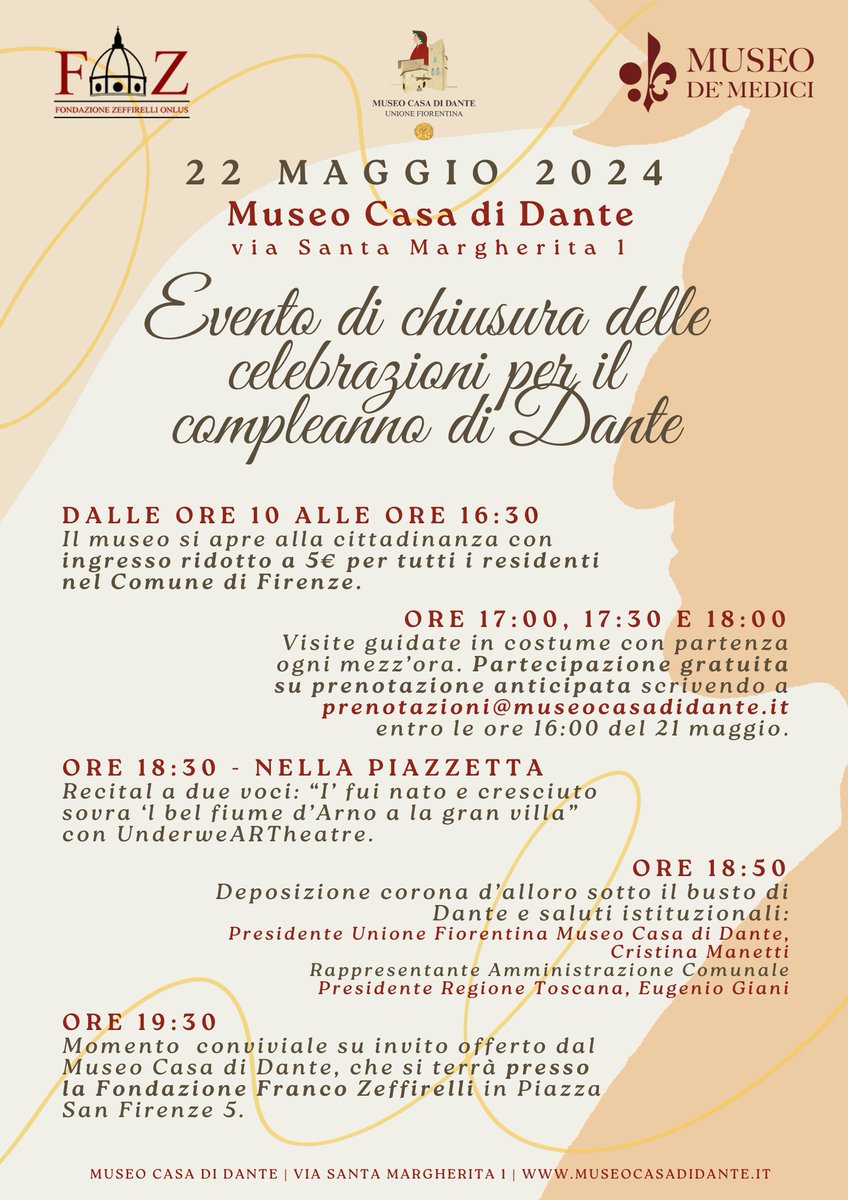 Mercoledì 22 maggio, vi aspettiamo per l'evento di chiusura delle celebrazioni per il compleanno di Dante. Tutte le info sul nostro sito: museocasadidante.it/22-maggio-2024…