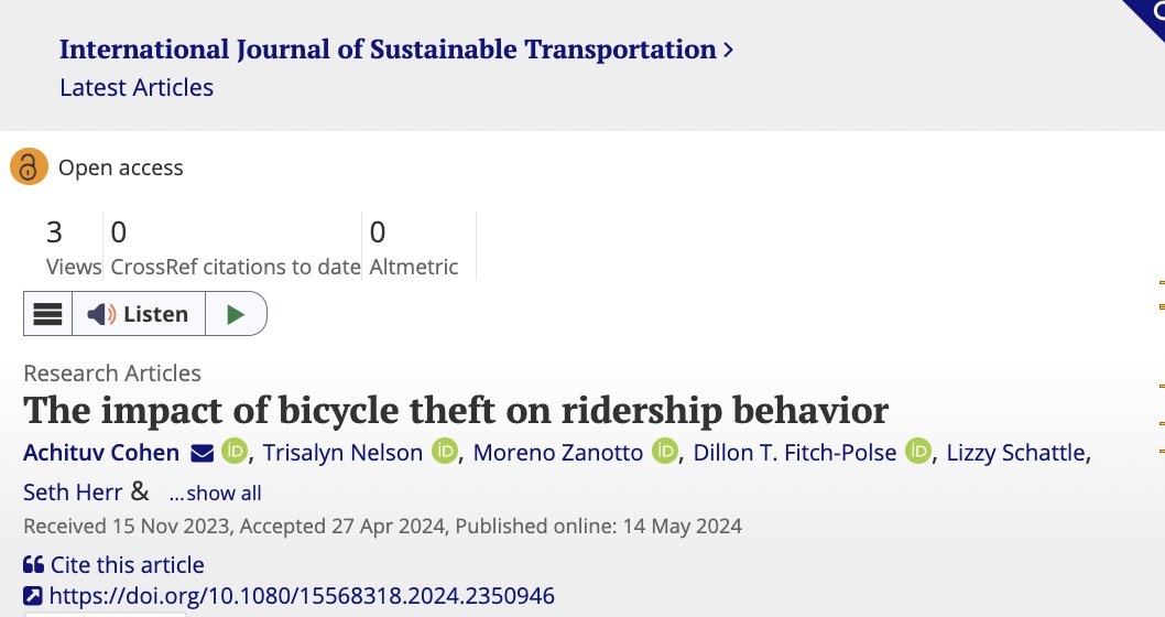 Stolen bikes lead to less cycling (and more emissions): New study finds that 40% of North American bike theft victims give up on bikes and start using a car instead. doi.org/10.1080/155683…