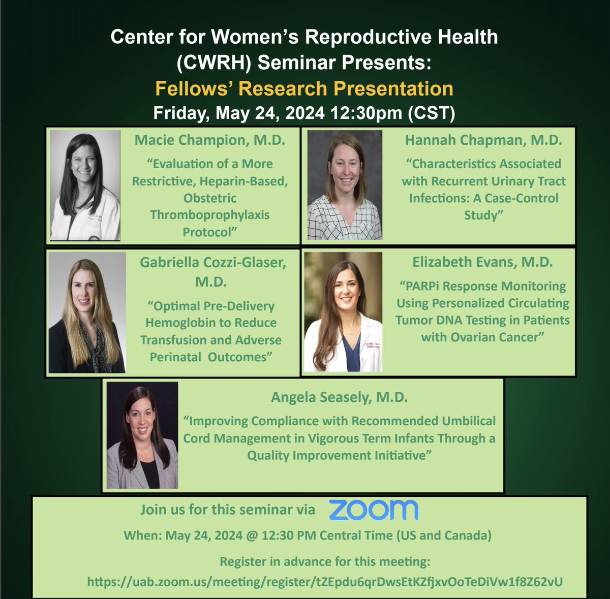 UAB Center for Research in Women's Health (@uab_crwh) on Twitter photo CWRH Seminar Series presents: Fellows’ Research Presentation. Join us on Friday, May 24th at 12:30pm CST to hear presentations from 5 of our Women’s Health Fellows. Register in advance for this meeting: uab.zoom.us/meeting/regist… CWRH Seminar Series presents: Fellows’ Research Presentation. Join us on Friday, May 24th at 12:30pm CST to hear presentations from 5 of our Women’s Health Fellows. Register in advance for this meeting: uab.zoom.us/meeting/regist…